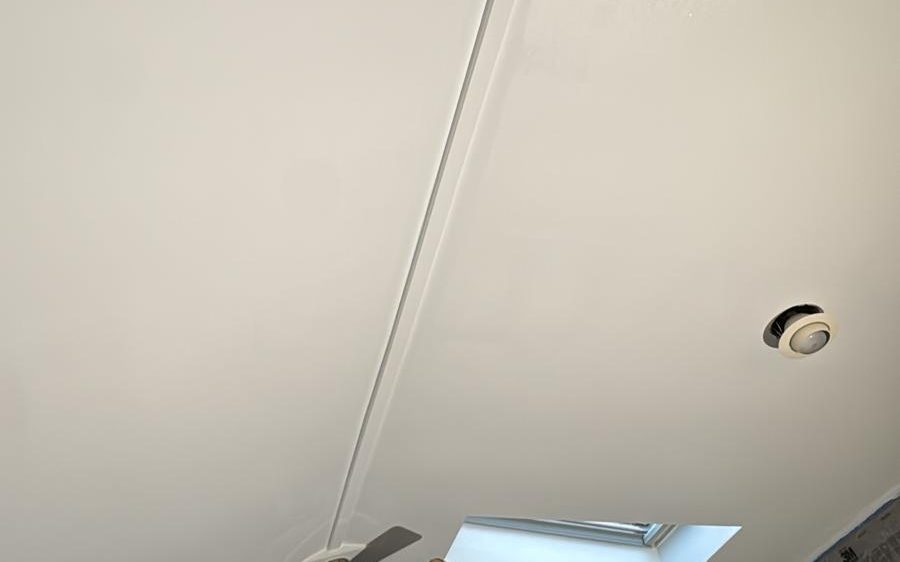 Vaulted ceiling freshly painted white, with skylights and a ceiling fan