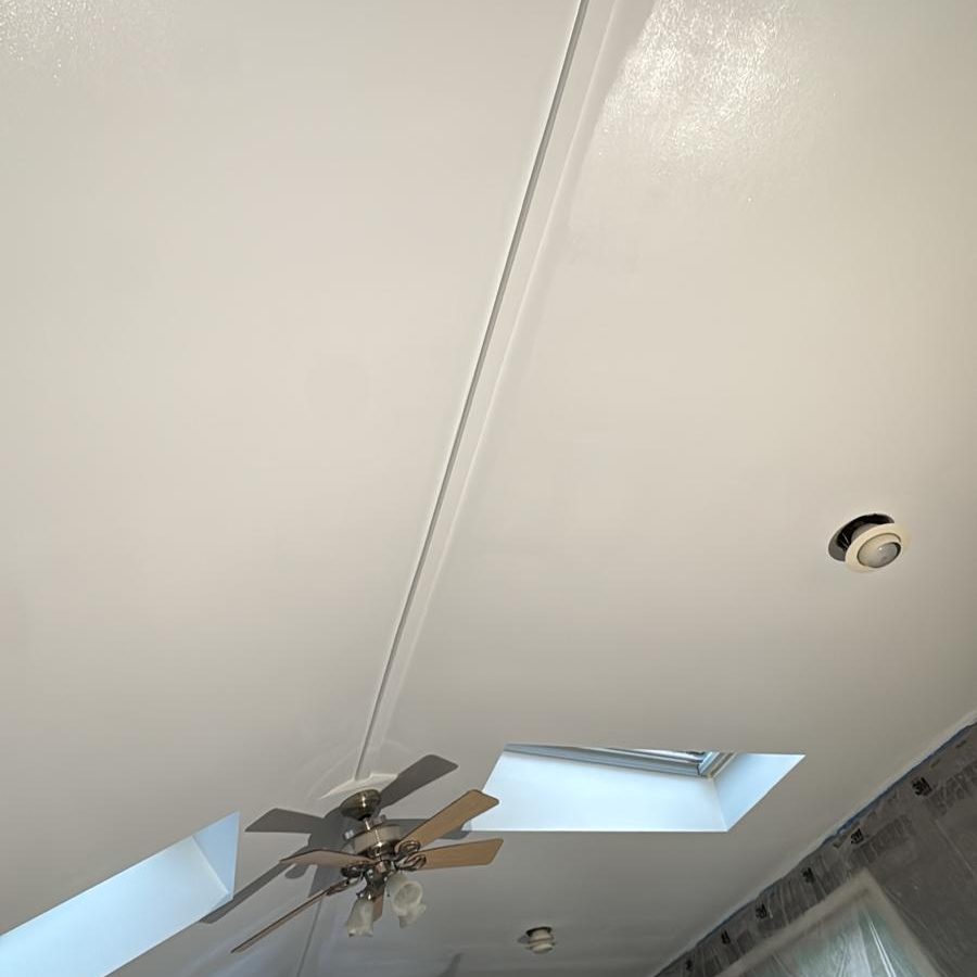 Vaulted ceiling freshly painted white, with skylights and a ceiling fan